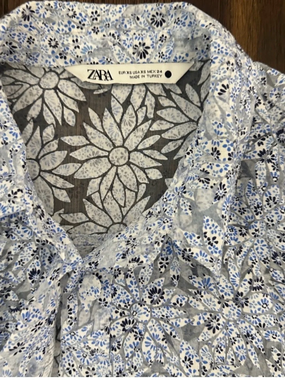 Zara Floral Organza Puff Sleeve Cropped Blouse XS Sheer Button Down Romantic Top